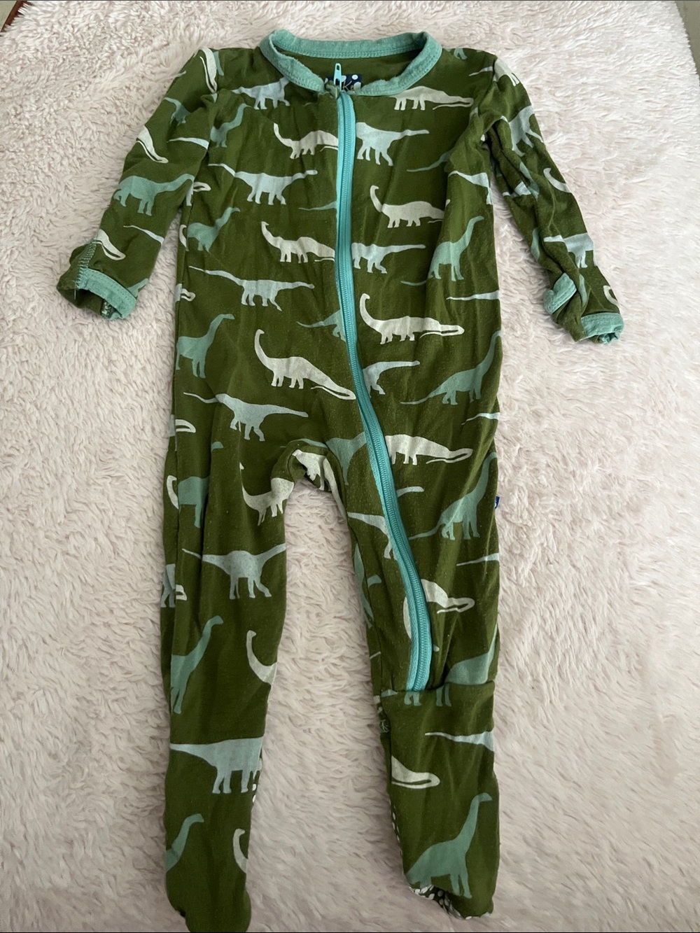 Kickee Pants Olive Green Footed One-Piece with Light Teal Dinosaur Print